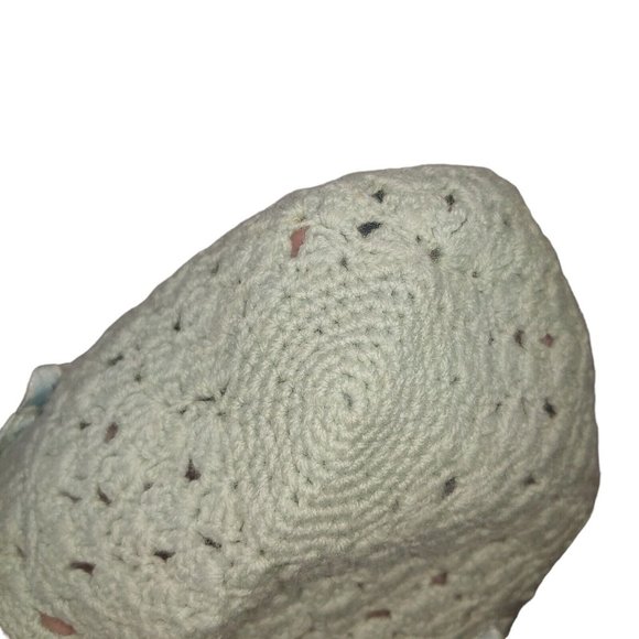 Antique Handknit Baby Hat Blue Satin Ribbon Bows Tie Newborn Small Scalloped - Picture 9 of 10